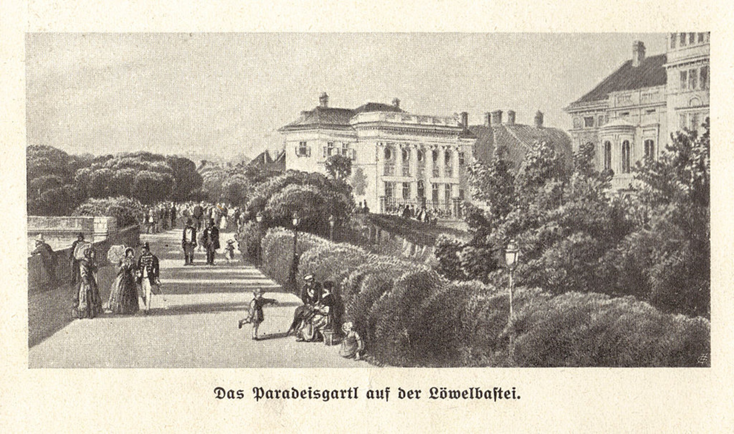 Eine Vintage-Illustration zeigt einen malerischen Park mit Menschen, die auf einem von Bäumen gesäumten Weg spazieren gehen und sitzen. Im Hintergrund sind prächtige Gebäude zu sehen, die eine heitere, entspannte Atmosphäre suggerieren. Der Text darunter lautet: „Das Paradeisgartl auf der Löwelbastei.