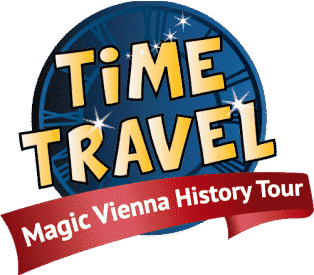 Logo mit den Worten „ZEITREISE“ in großen gelben Buchstaben mit Sternen auf blauem Hintergrund, der an eine Uhr erinnert. Darunter steht auf einem roten Band „Magic Vienna History Tour“.