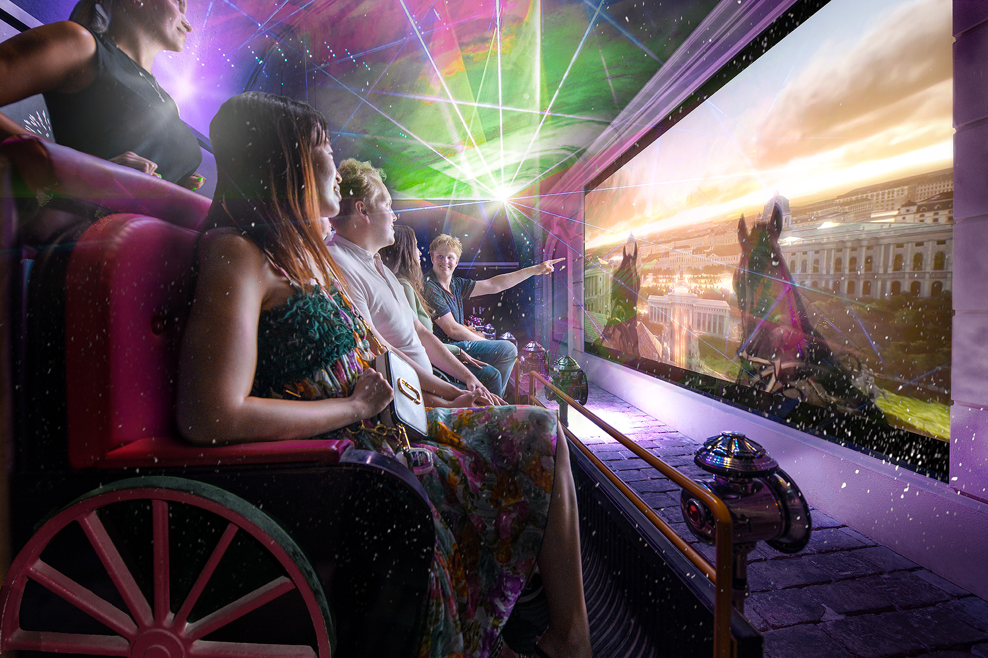 A group of people sit on a ride and look at a large, immersive screen showing a vibrant, futuristic cityscape. Colorful lights and laser effects create an exciting atmosphere around them. 