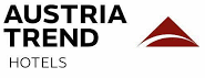 Austria Trend Hotels logo with black text on a white background. Next to the text is a stylized red triangle shape with a curved cut-out. 