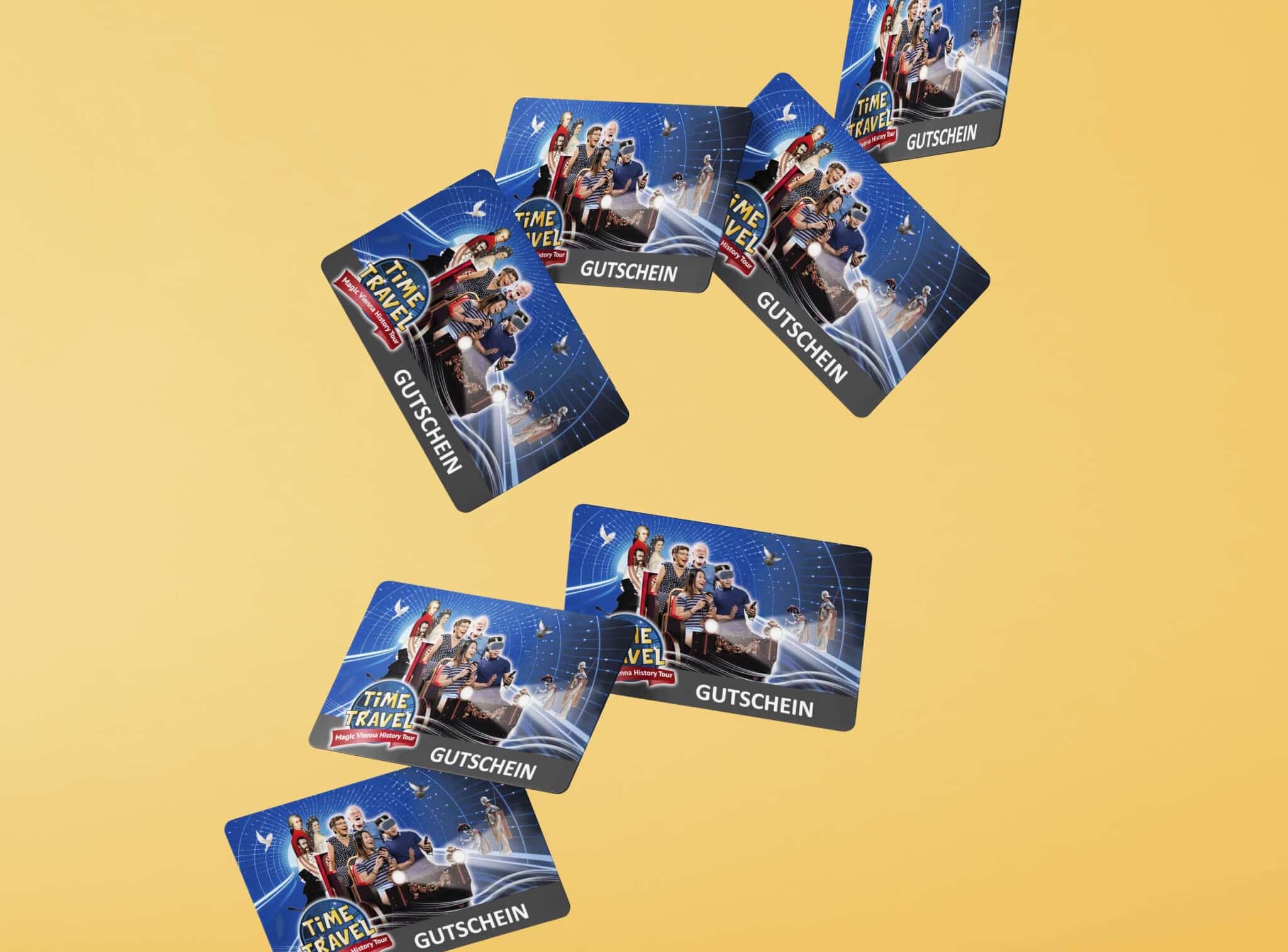 Several vouchers with the theme "Time travel" are scattered on a yellow background. The vouchers are blue and show pictures of people posing. The word "GUTSCHEIN" is printed on each card.  