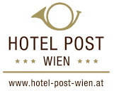 The logo of the Hotel Post Wien consists of a stylized horn above the text "HOTEL POST WIEN" with four stars on each side. Below this is the website address: www.hotel-post-wien.at. The design is kept in a muted brown tone.  