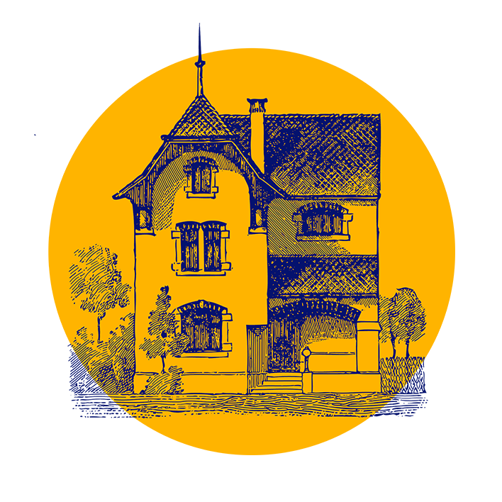 Yellow background with a detailed blue line drawing of a two-story old house. The house features arched windows, a peaked roof, a chimney and surrounding trees that create a picturesque architectural scene. 