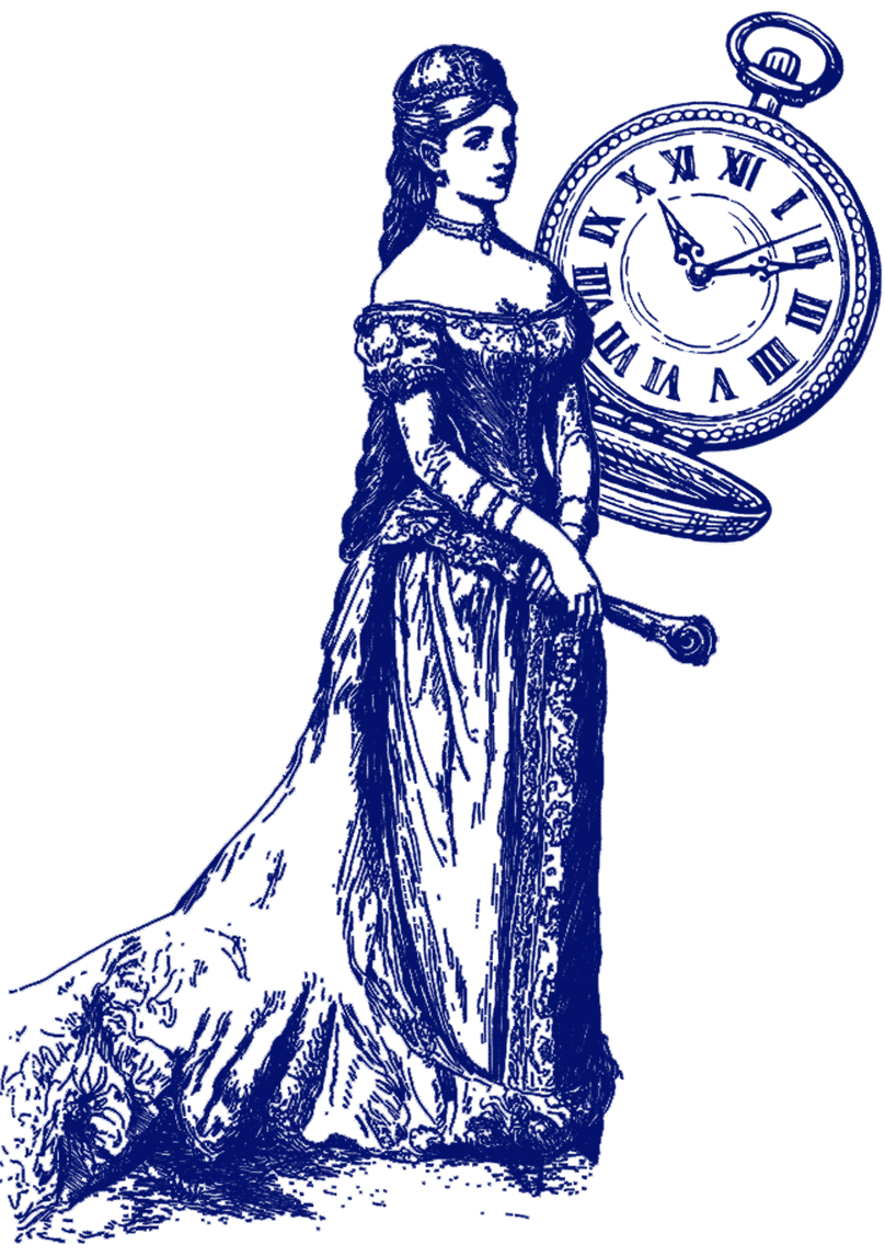 An image of a blue anchor partially overlaid by a vintage pocket watch with Roman numerals. The background is white. 