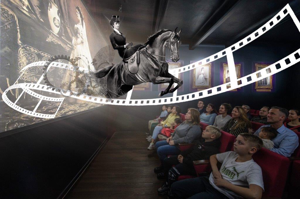 A group of people are sitting in a movie theater watching a 3D film. A black and white image of a woman on a horse and a filmstrip appear to jump from the screen towards the audience, creating an immersive experience. 