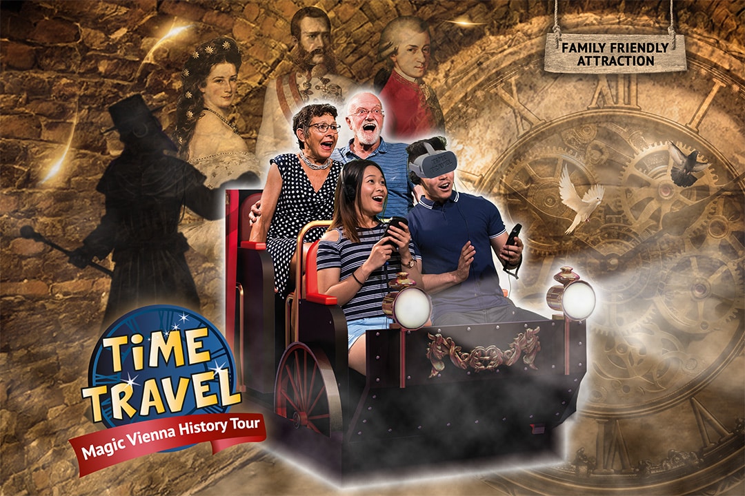 A group of four people, two women and two men, are sitting on an attraction called "Zeitreise: Magical Vienna History Tour". They are wearing virtual reality headsets and are surrounded by historical figures and a large clock. The attraction is advertised as a family-friendly attraction.  