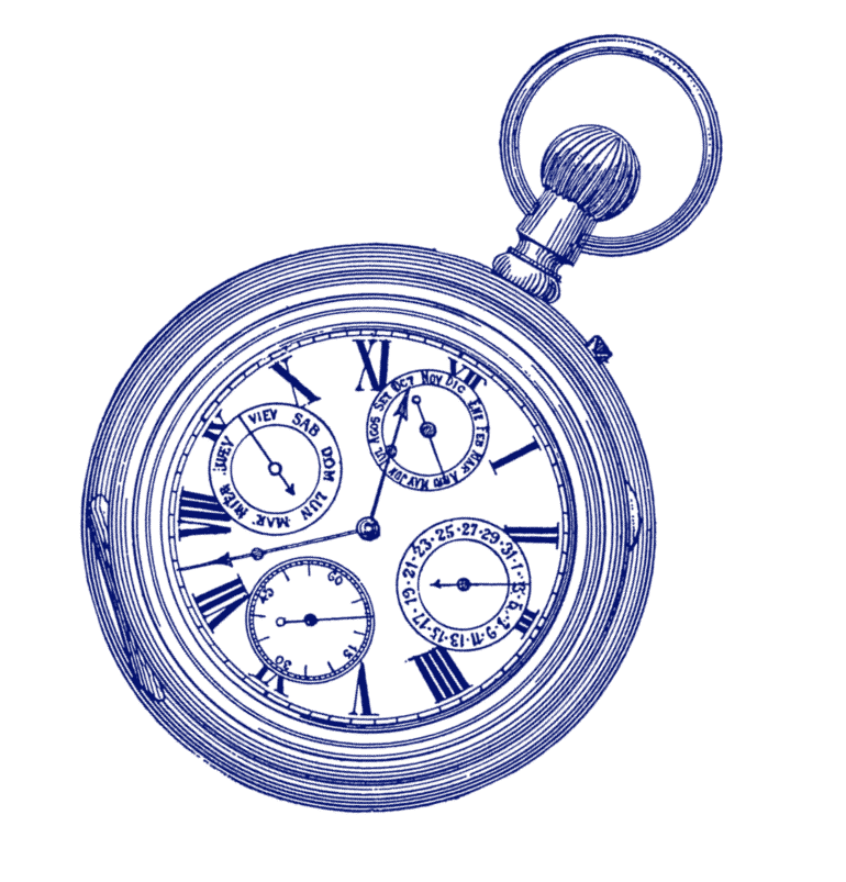 Illustration of a blue vintage pocket watch with visible gears, intricate details and decorative dials. The watch is set against a plain white background, highlighting its mechanical components and circular design. 