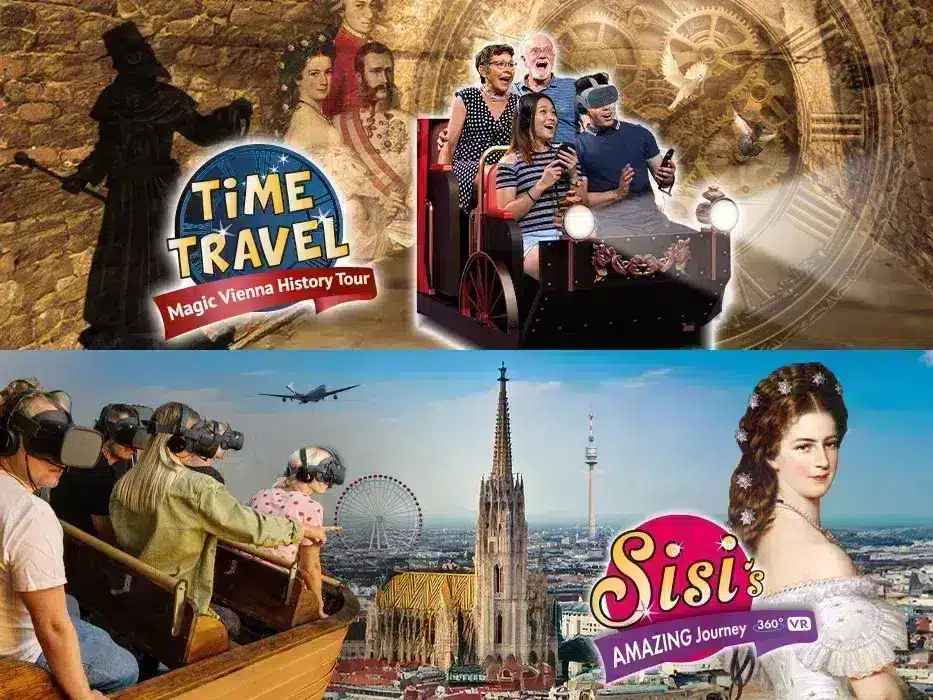 Split image display: The top half shows people enjoying a ride on "Zeitreise: Magical Vienna History Tour" with historical personalities. The bottom half shows "Sisi's amazing journey 360° VR", in which virtual reality drivers drive over Vienna's landmarks and a portrait of Sisi is shown. 